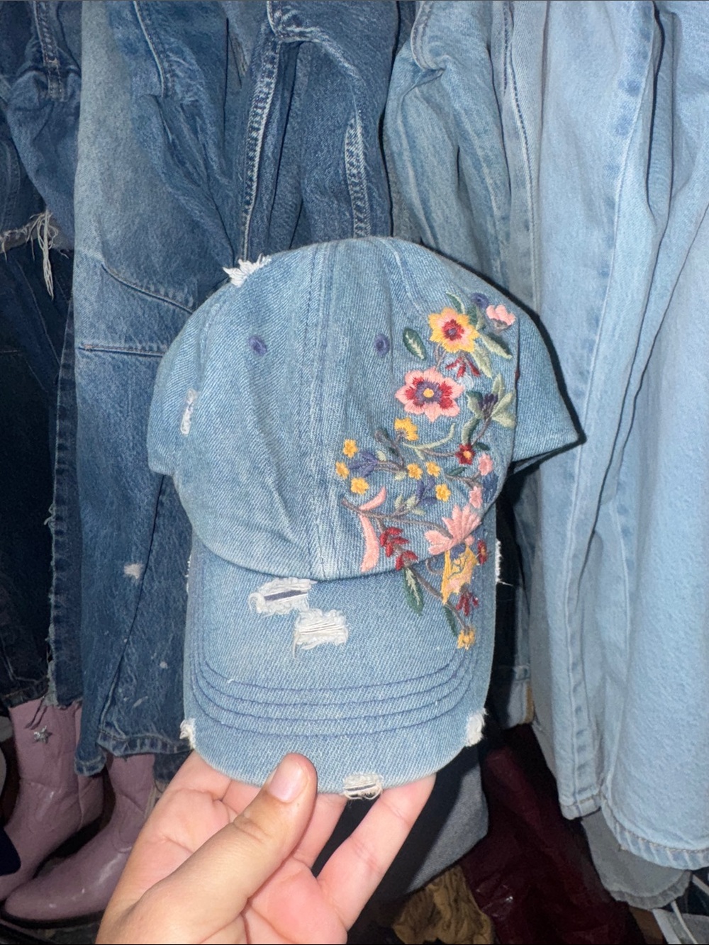 Buckle Light Blue Denim Baseball Cap with Floral Embroidery
